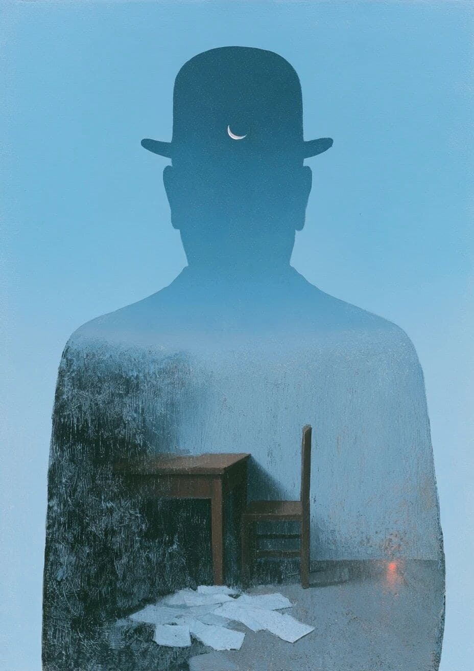 A surrealist oil painting in René Magritte's distinct style.