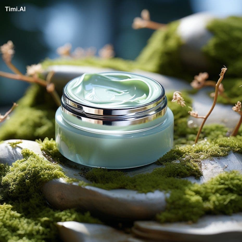 open skin cream balm with moss and rocks on a grassy, sky-bl