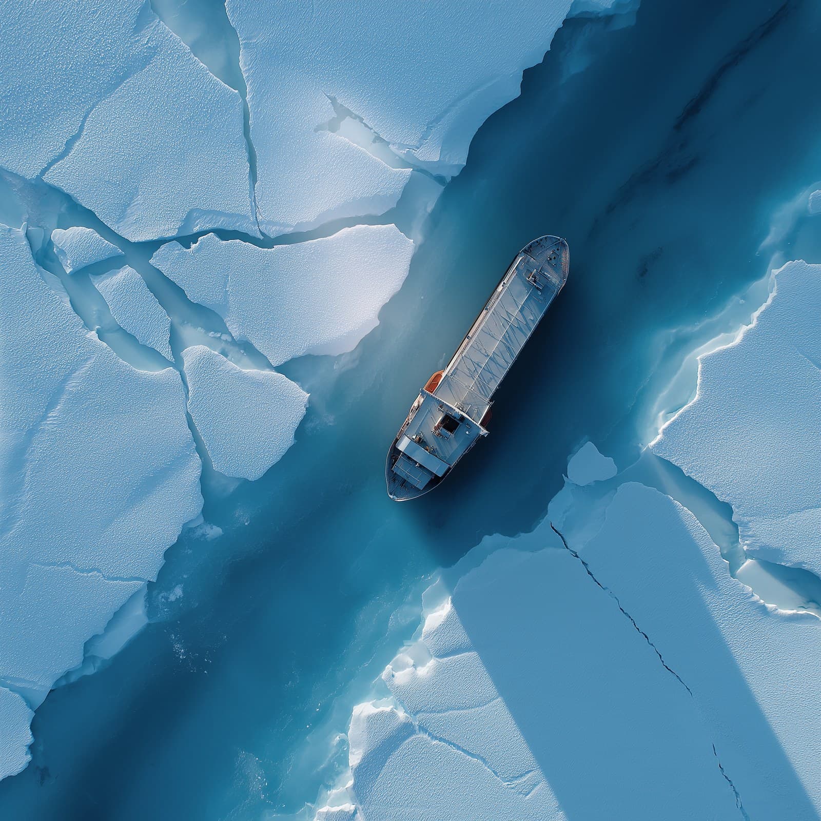 icebreaker ship breaking Arctic ice viewed from above, cinem