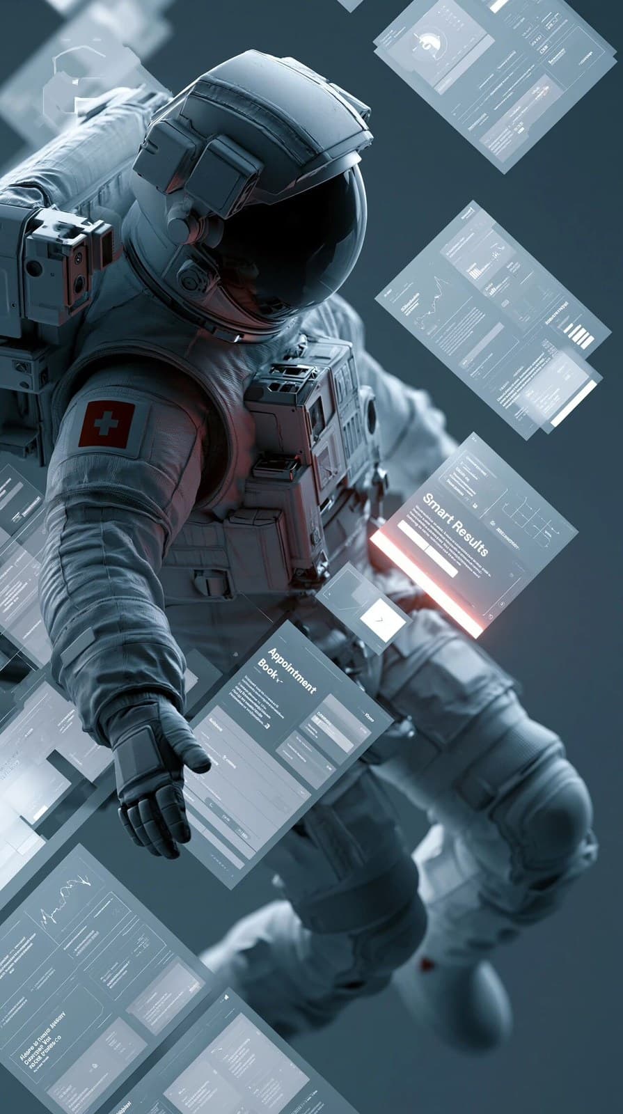 astronaut navigating a clean futuristic medical interface in