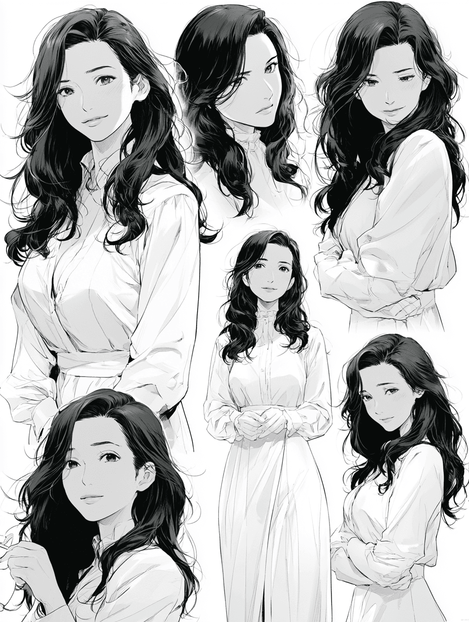 Ultra detailed manga character sheet, elegant Japanese mothe
