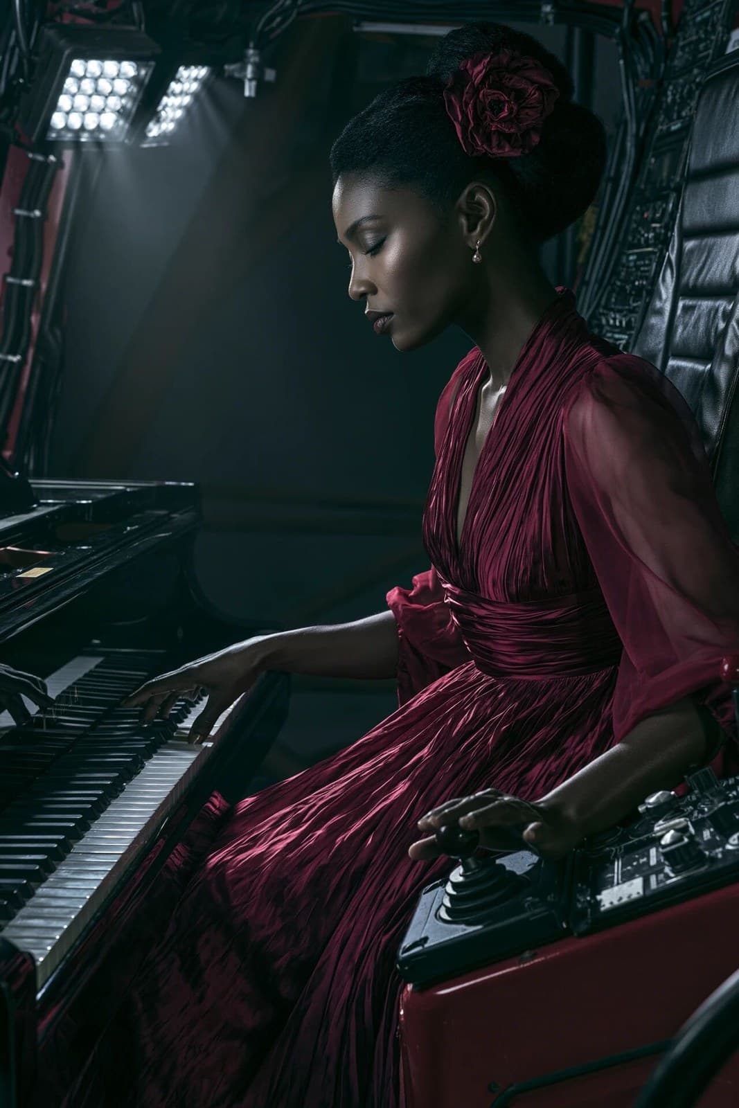 a mesmerizing 39-year-old woman with deep mahogany skin and