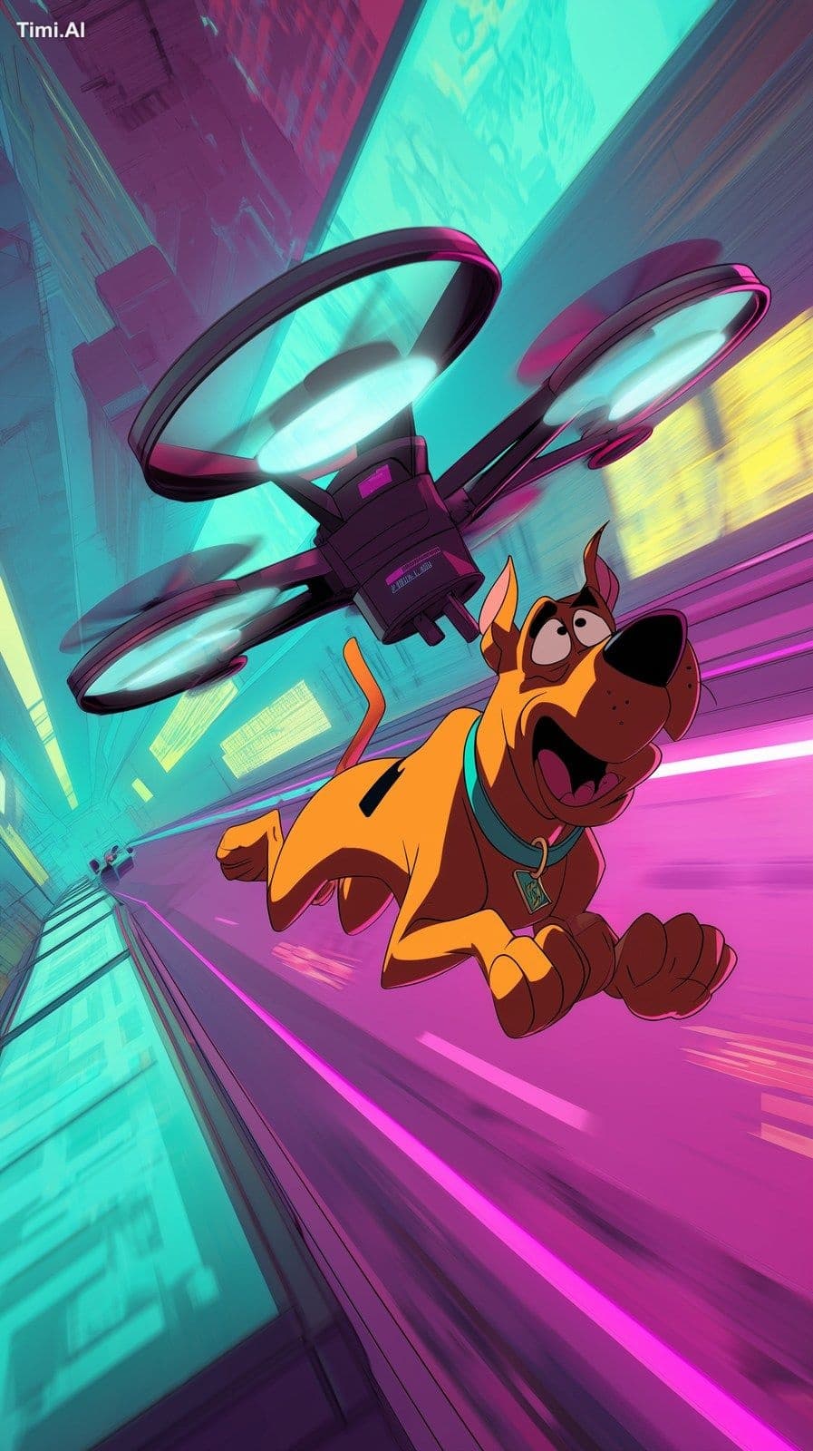 Scooby-Doo chasing a futuristic drone over a neon highway, c