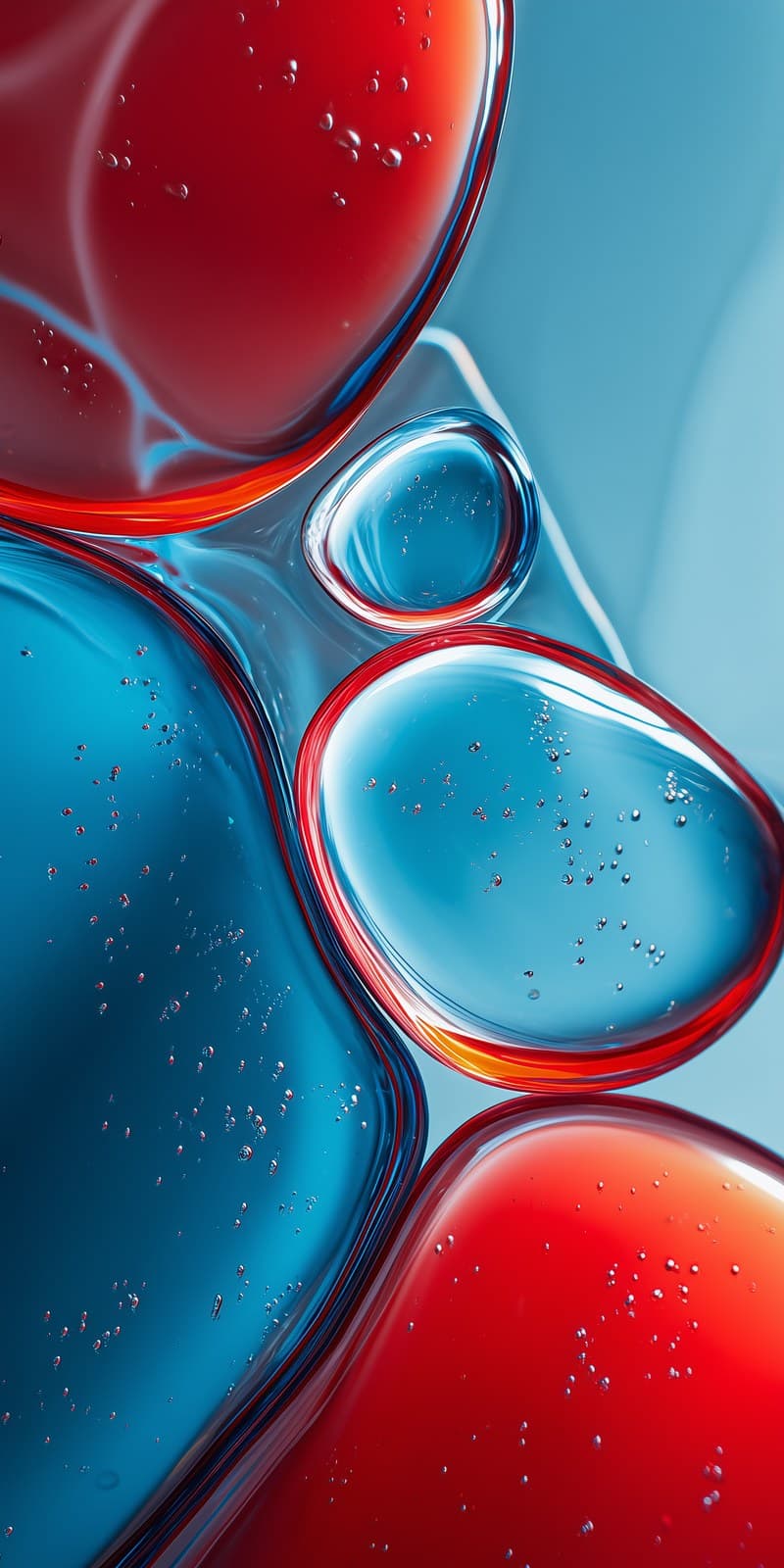 Liquid glass effect, abstract shapes, blue and red color sch