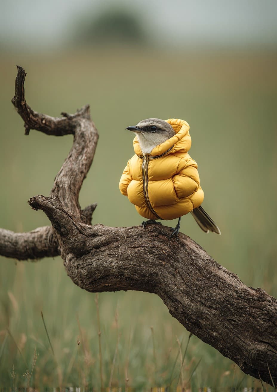 a bird wearing an inflatable yellow down jacket perched on t