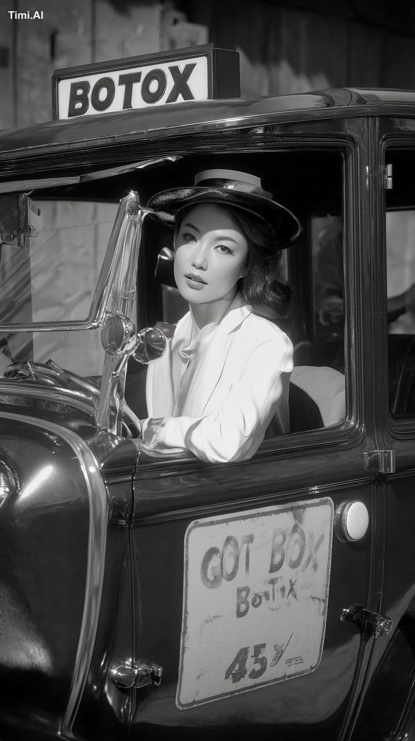 A hyper-realistic beautiful asian doctor in 1930 car back an