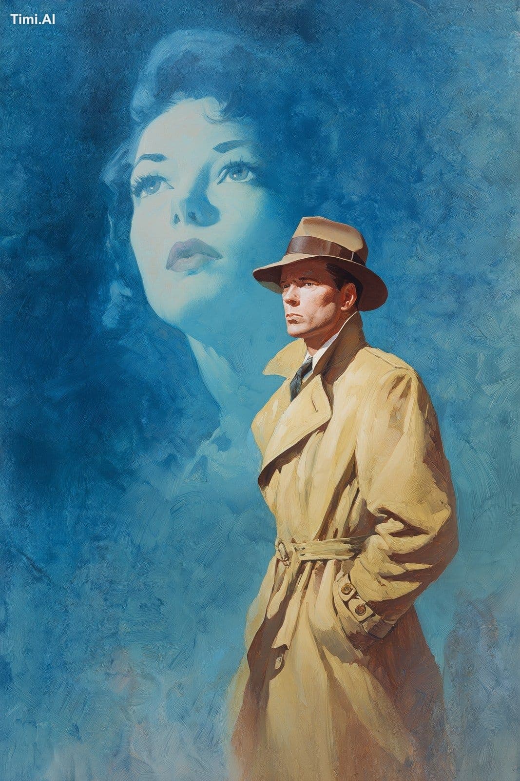 a color painting in the 1940's pulp-noir style of a male det