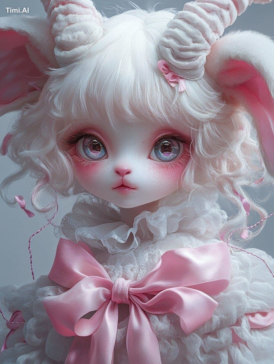 A cute white lamb-like monster wearing an anime-style dress 