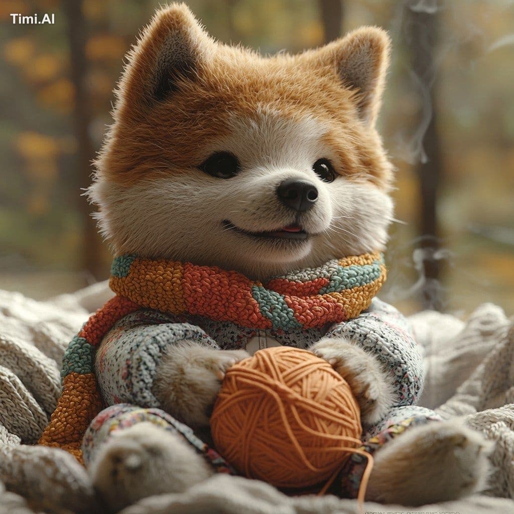 Akita Inu Wearing soft pajamas, Busy knitting a colorful sca