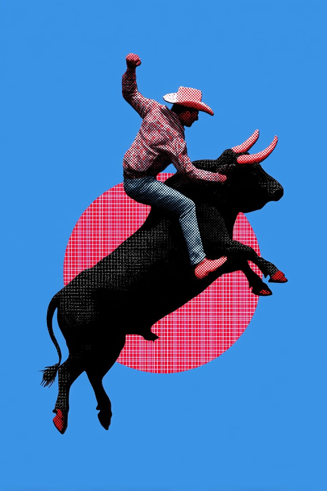 blue background, cowboy riding a raging bull in a blue backg