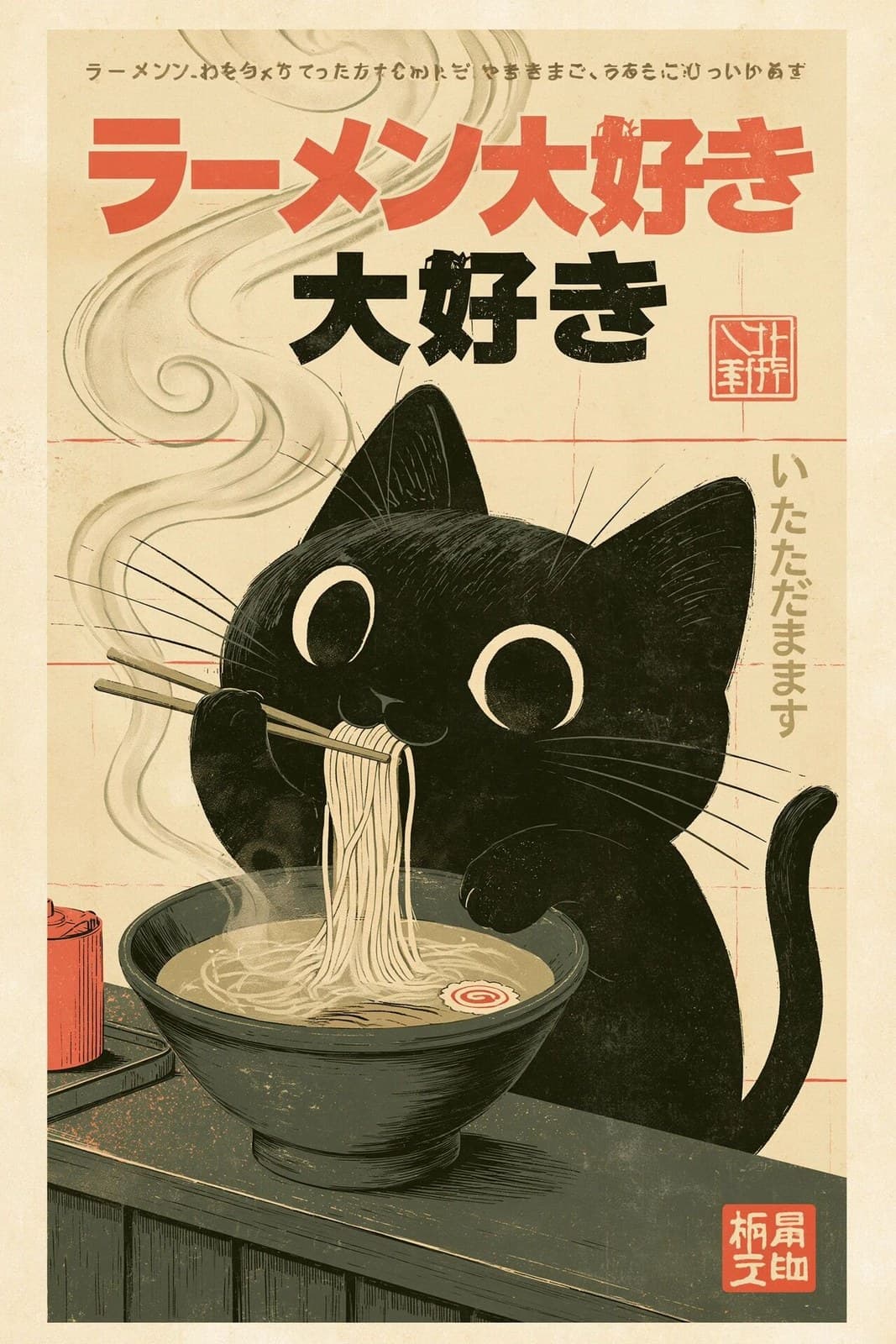 Kawaii black cat happily eating a steaming bowl of ramen wit