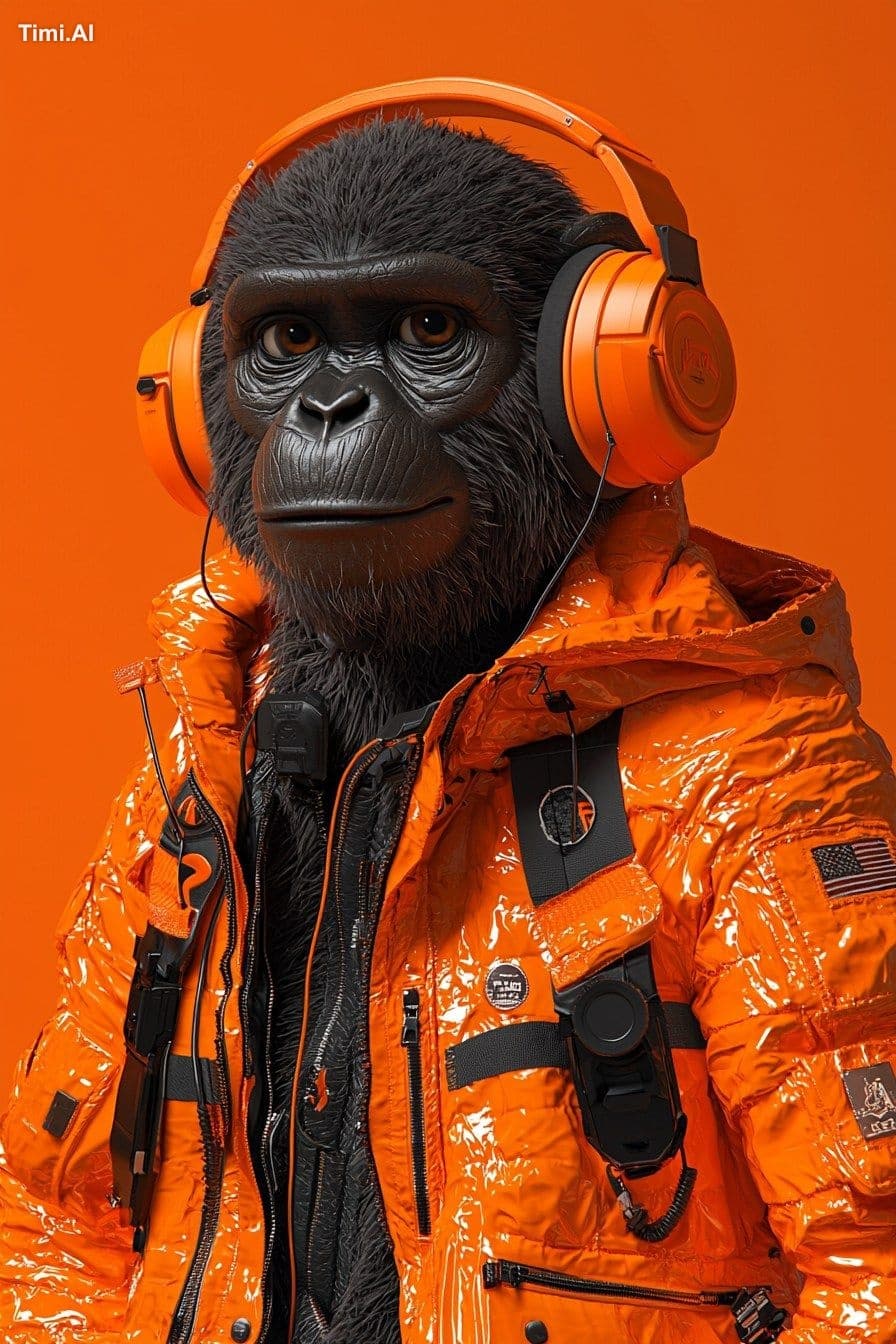 A DJ monkey wearing orange headphones and an orange jacket, 