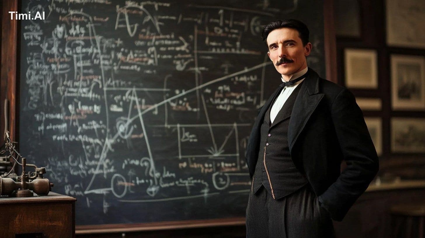Nikola Tesla standing beside a chalkboard covered in complex