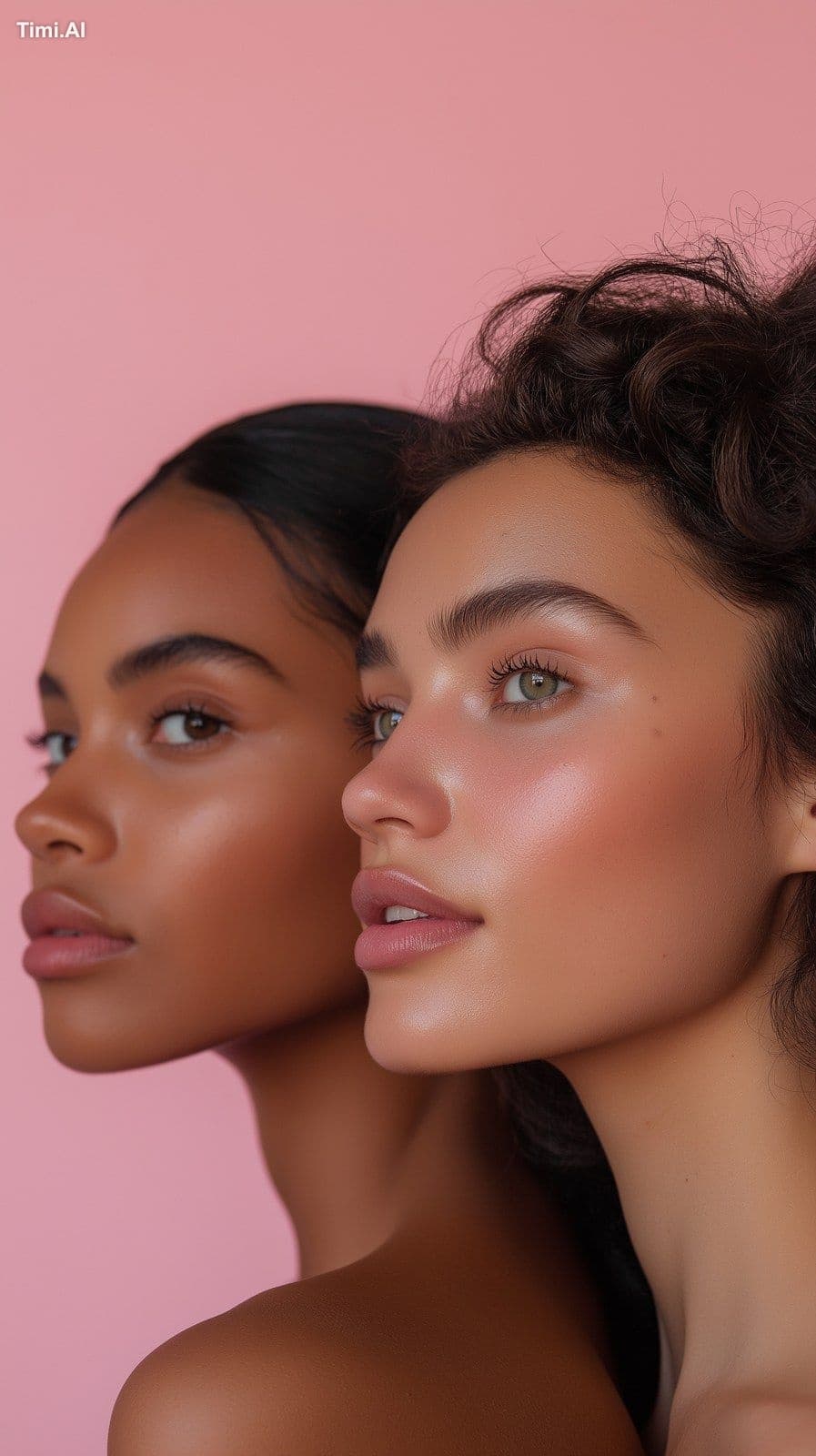 Two atina women with glowly skin looking off into the distan