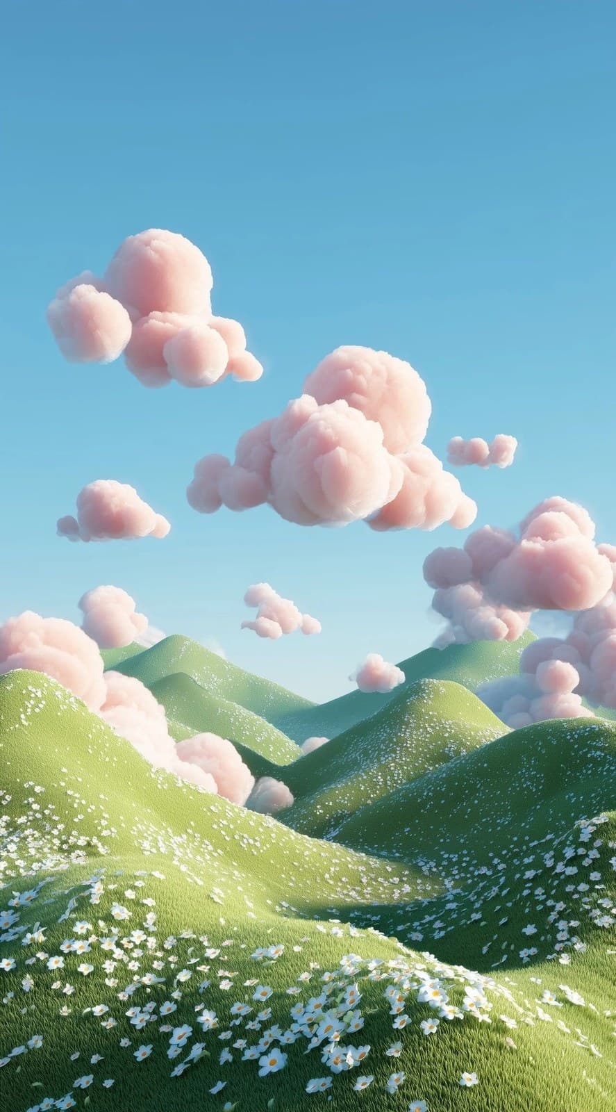 3d rendering of cartoon-style green hills with pink clouds,