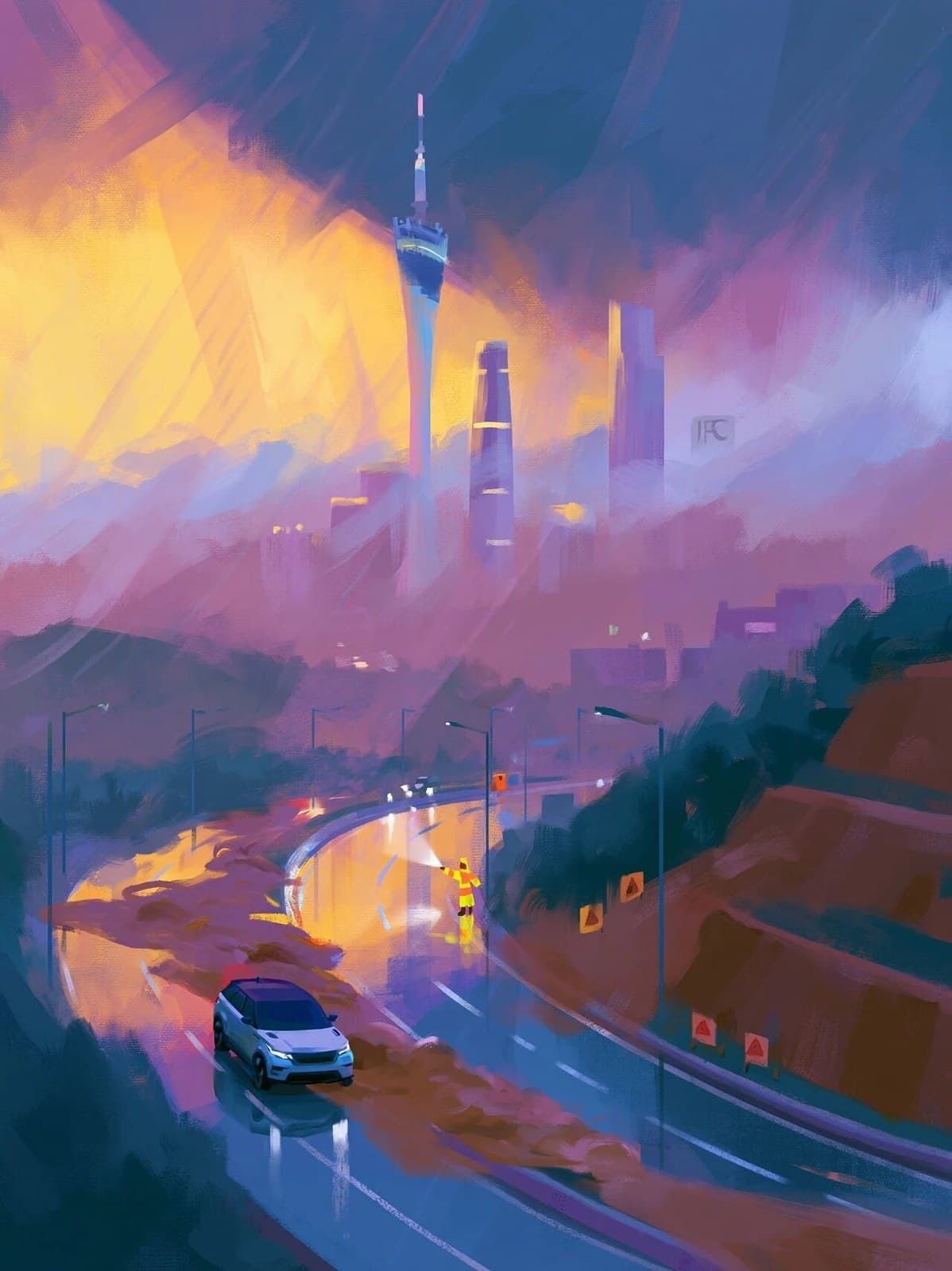 A digital illustration of a powerful typhoon lashing the Gua