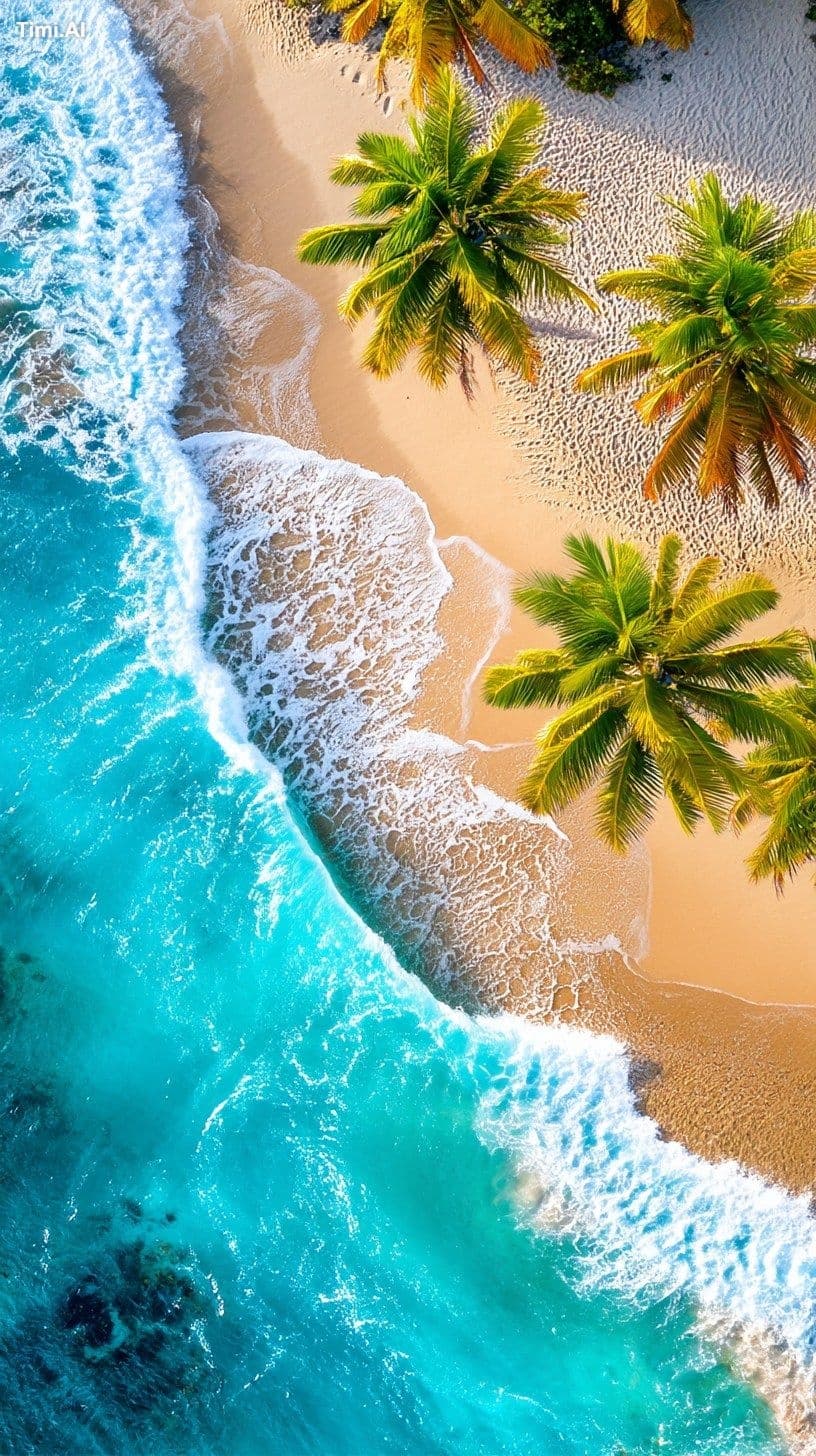 Aerial view of a tropical beach at golden hour, hyper-realis