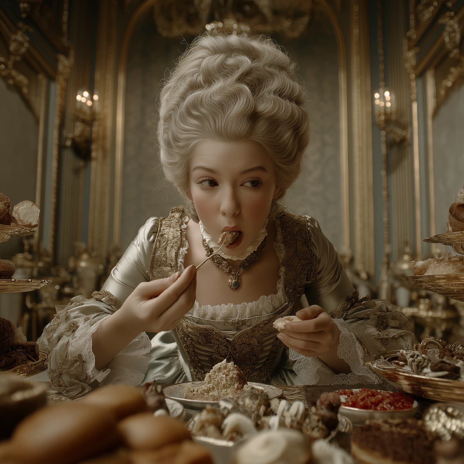 Cinematic close-up on Marie Antoinette's face, she is eating