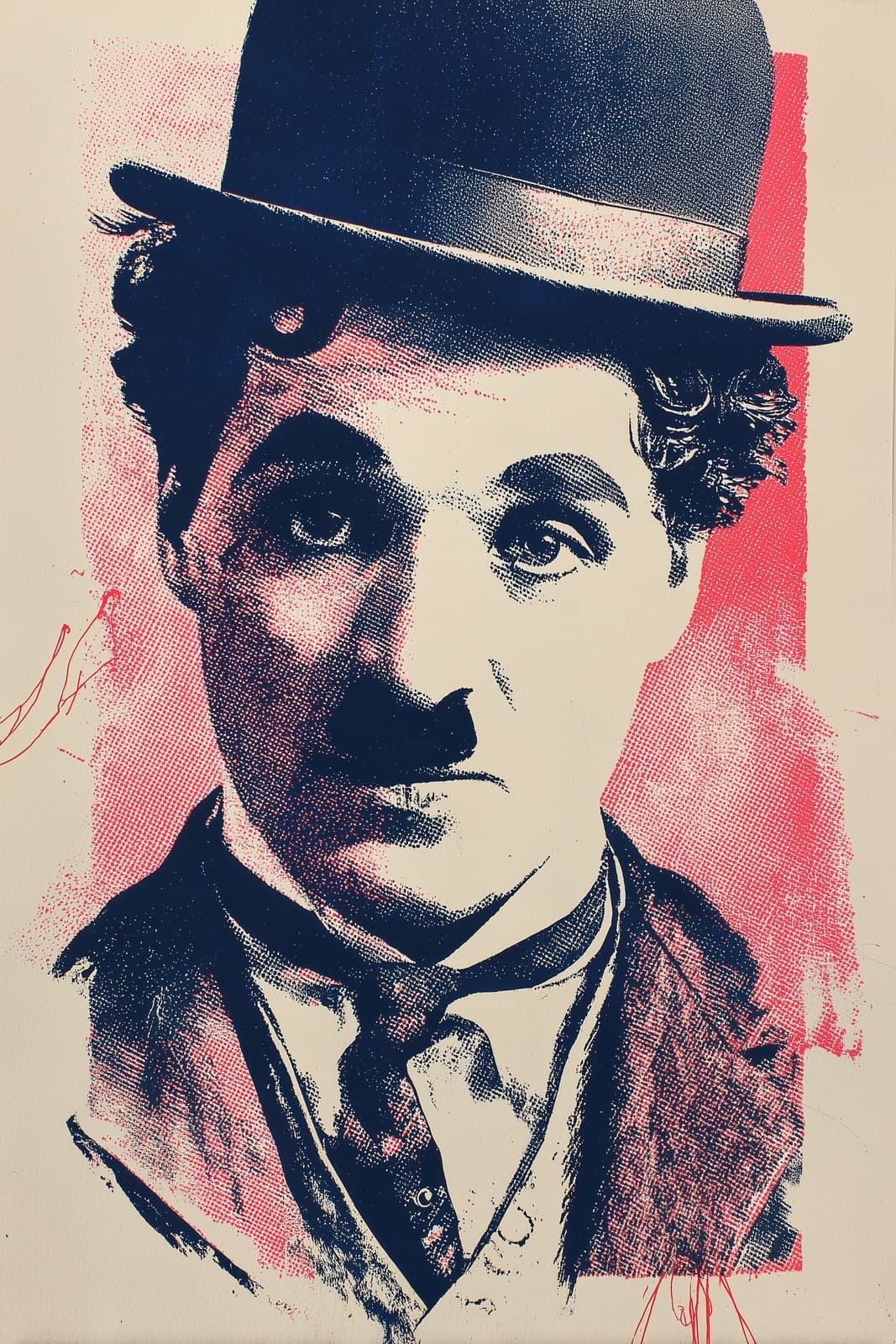 Charlie Chaplin respectful PG-13 pop art portrait, bold scre