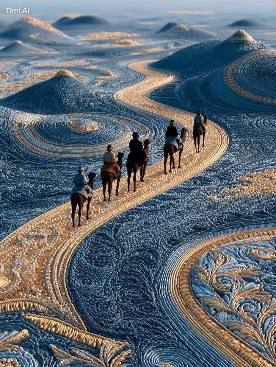 A group of camel riders walking on the topography made from