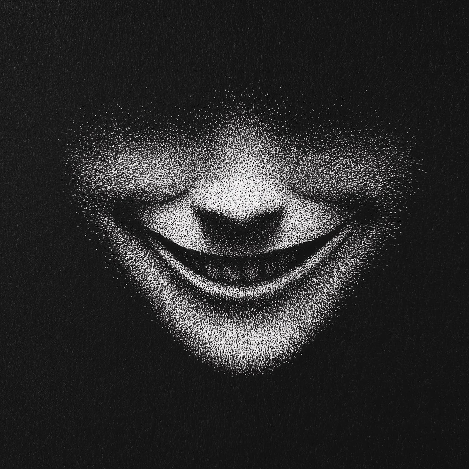 stippling drawing of a creepy smile on a black background