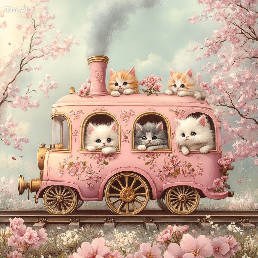 A pastel pink toy-like miniature steam train with golden whe