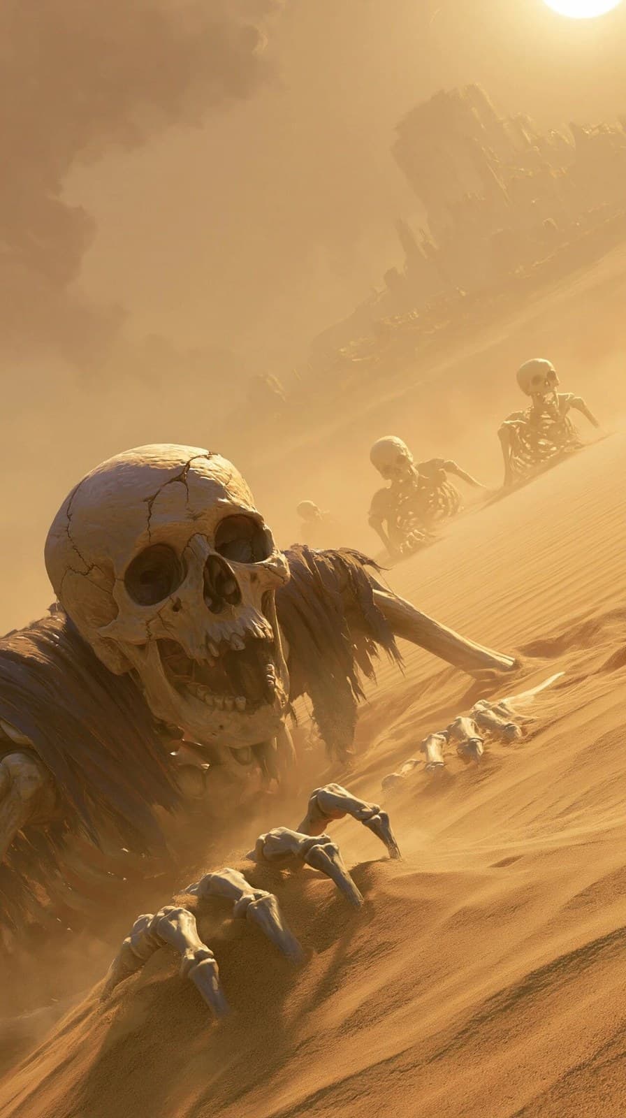 pale skeletons emerging from yellow-gold desert sand, dramat