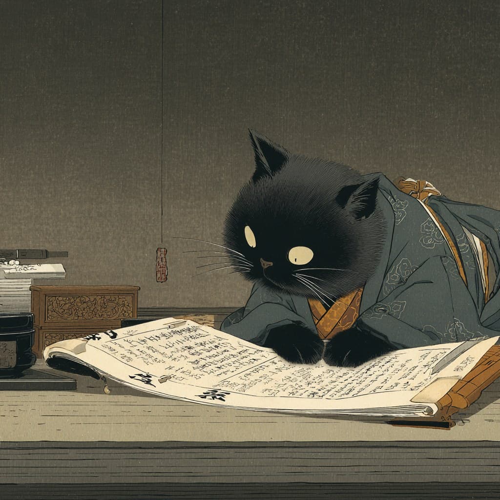 ukiyo-e woodblock print of an Edo-style cat in a scholar’s k