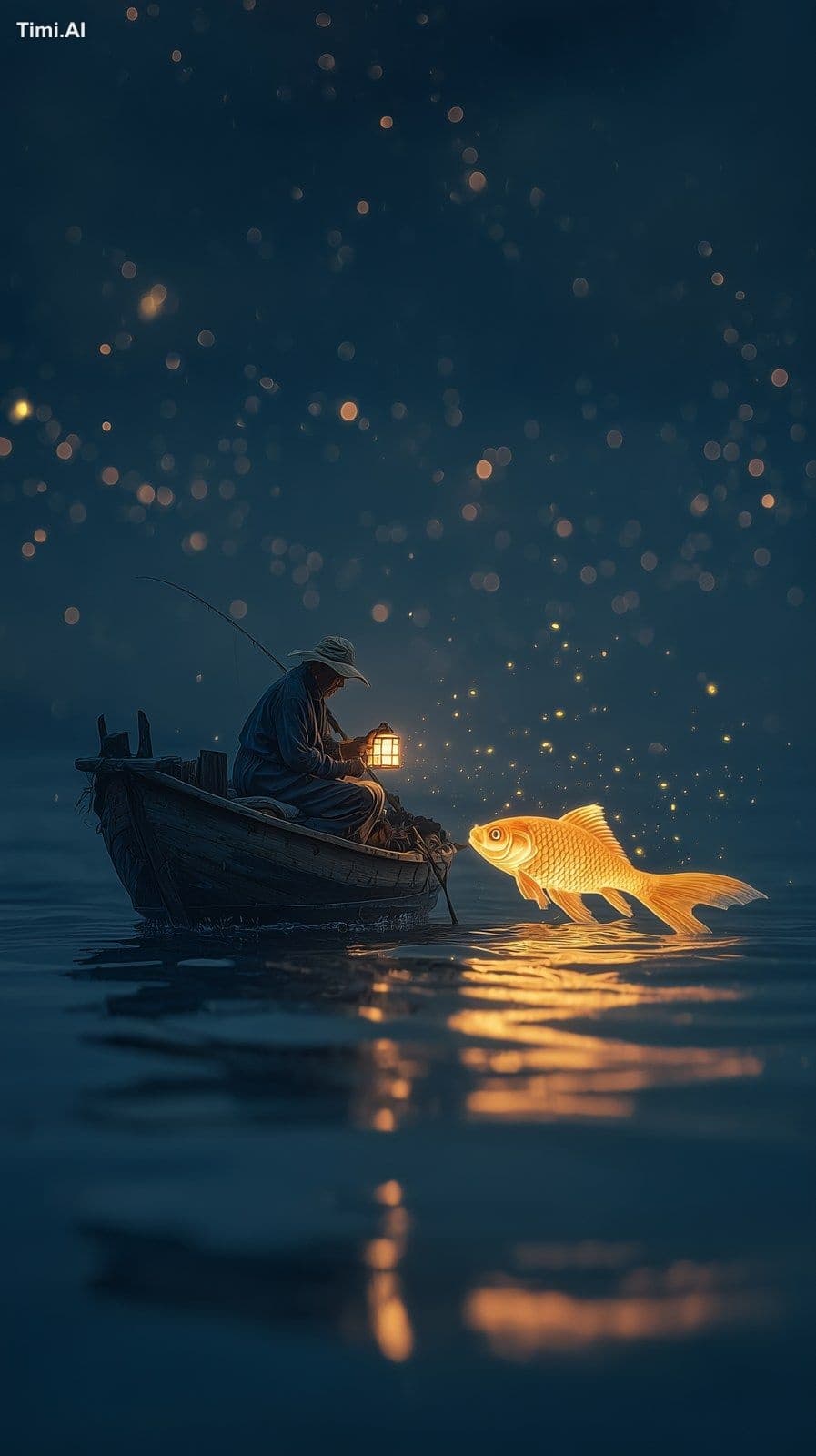 An old fisherman sitting in a small wooden boat under a star