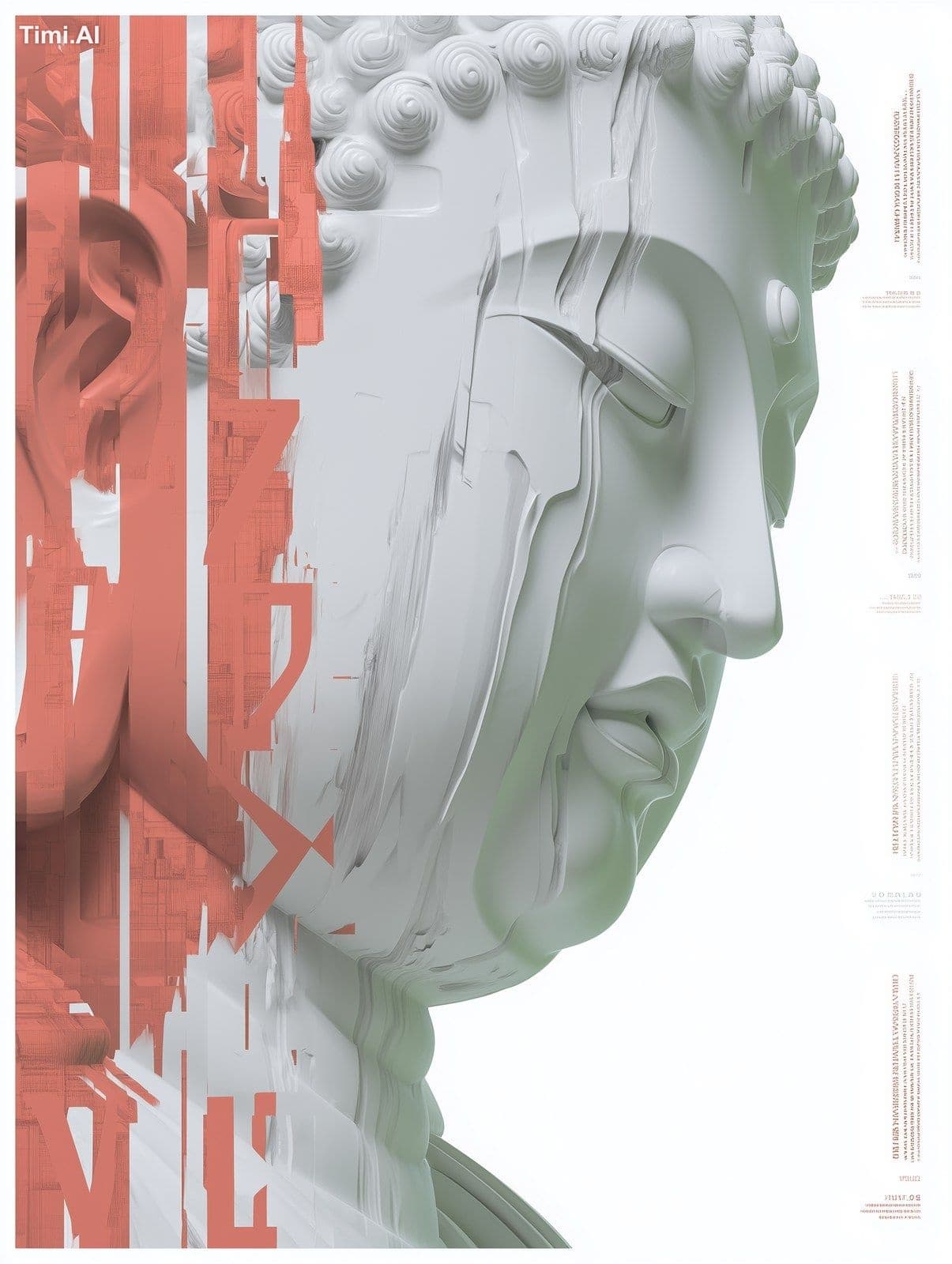 A glitch art-inspired Buddha with fragmented digital overlay
