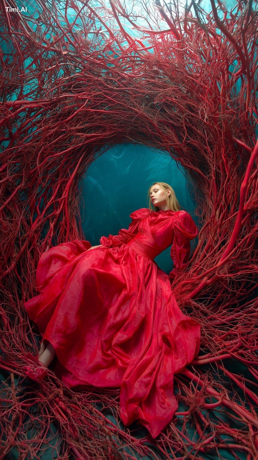A dramatic high-fashion editorial photograph of a woman in a