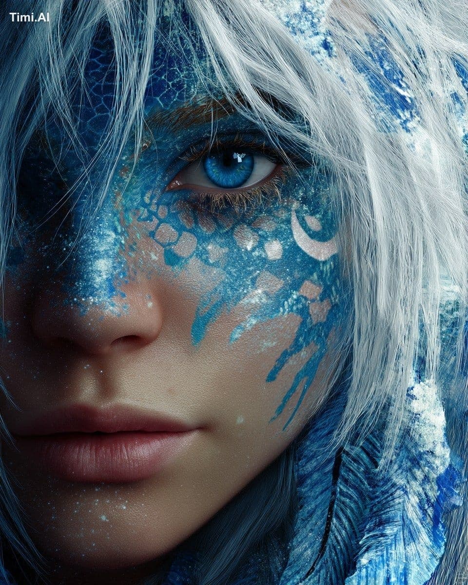 a fantasy themed, siren style girl with messy, white hair. H