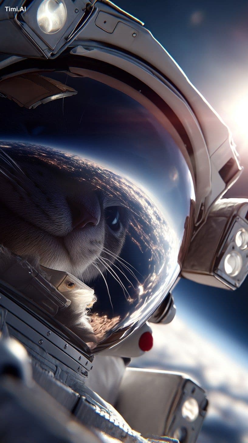 Hyperrealistic,medium shot** of asmiling cat astronaut**, fl