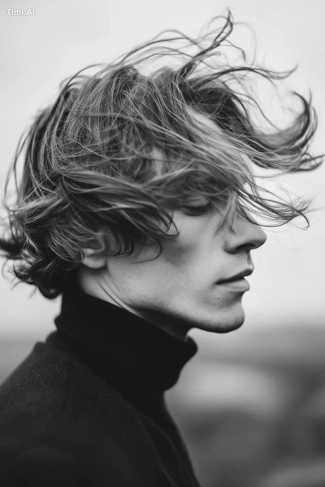 A 70s inspired photograph of a beautiful, windswept man, nos
