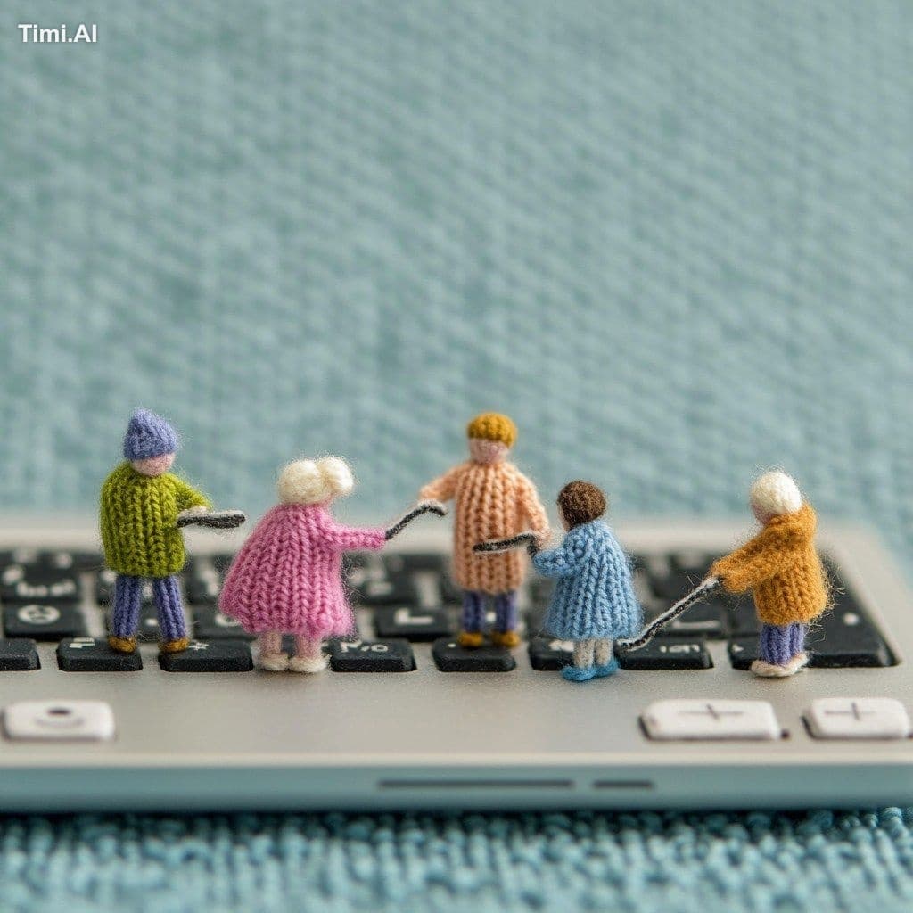 Felt art knitted style, a miniture people cleaning a keybord
