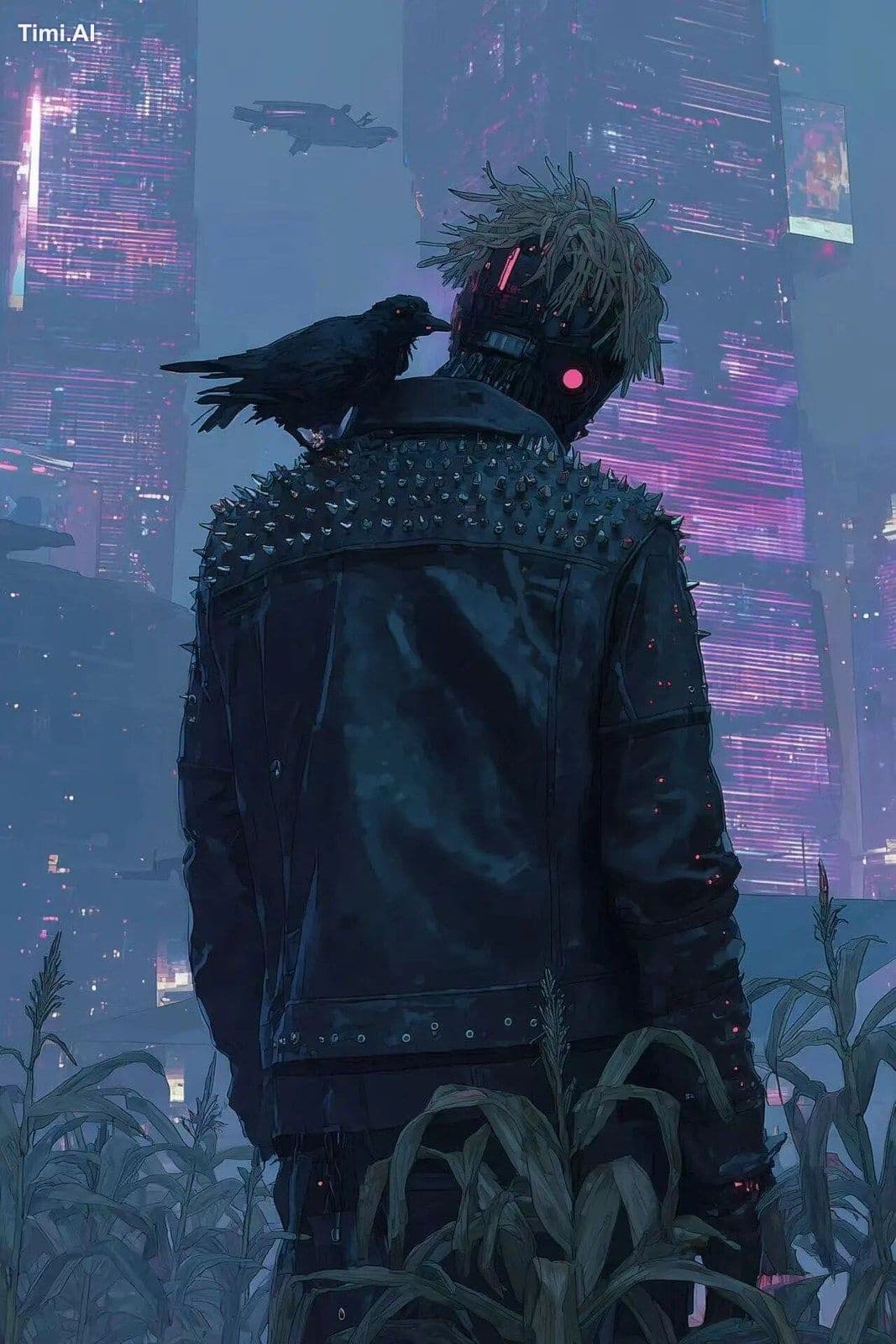 Night scene from a cyberpunk anime movie featuring a scarecr