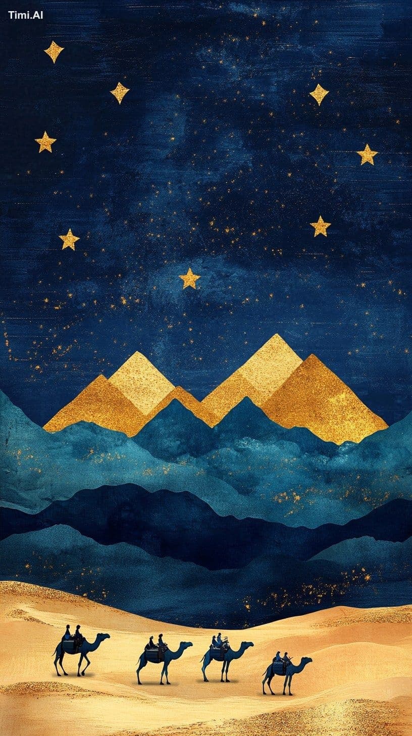 The golden desert landscape, with its three blue lines of mo