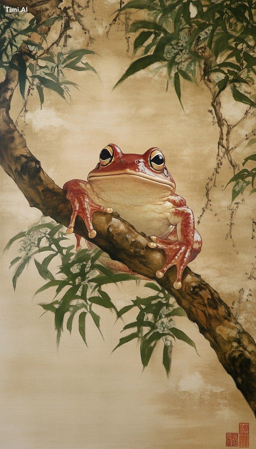 Japanese style painting of a frog in a tree --ar 4:7 --v 6.1