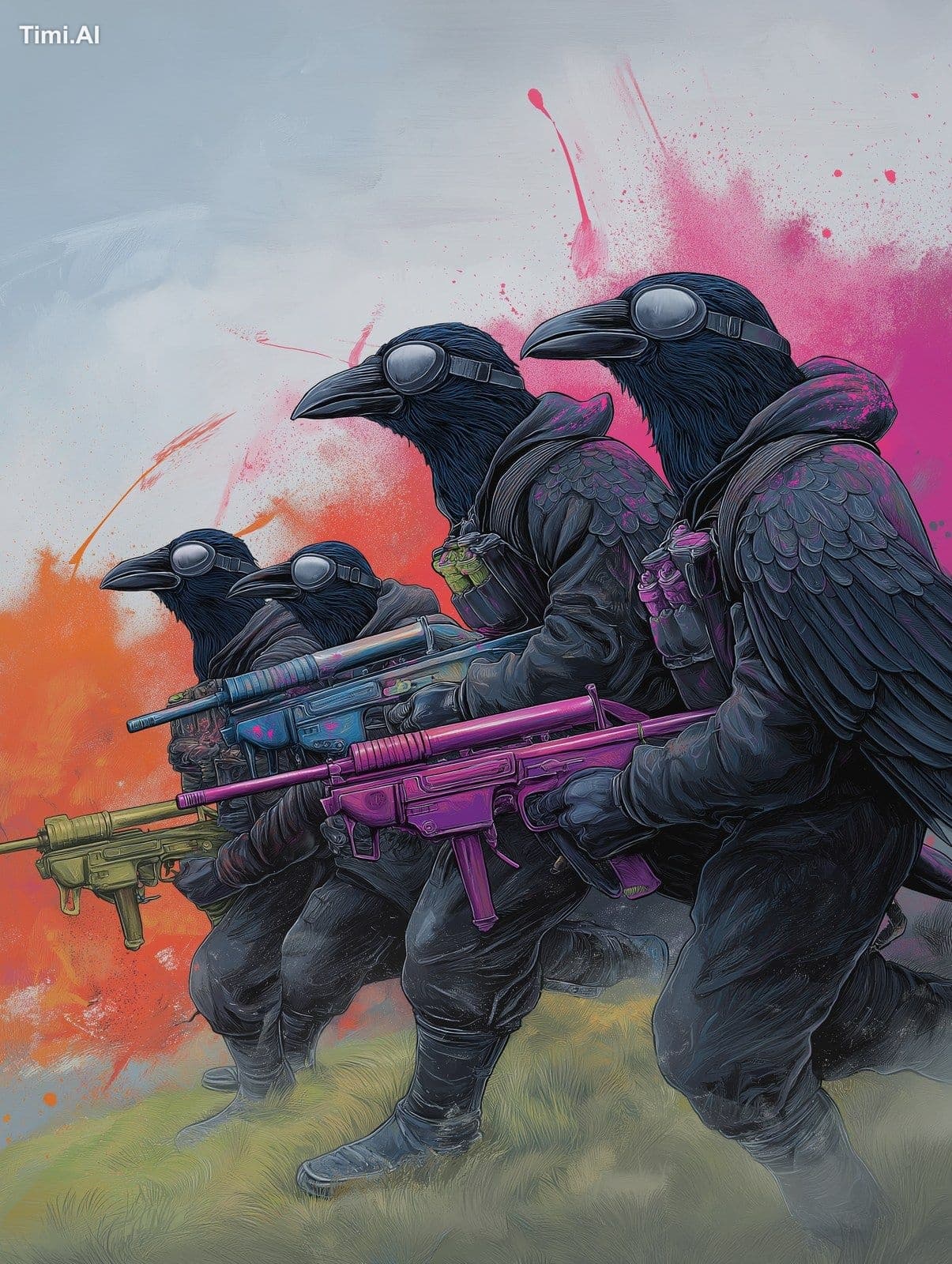 squad of humanoid raven birds fighting with paintball guns -