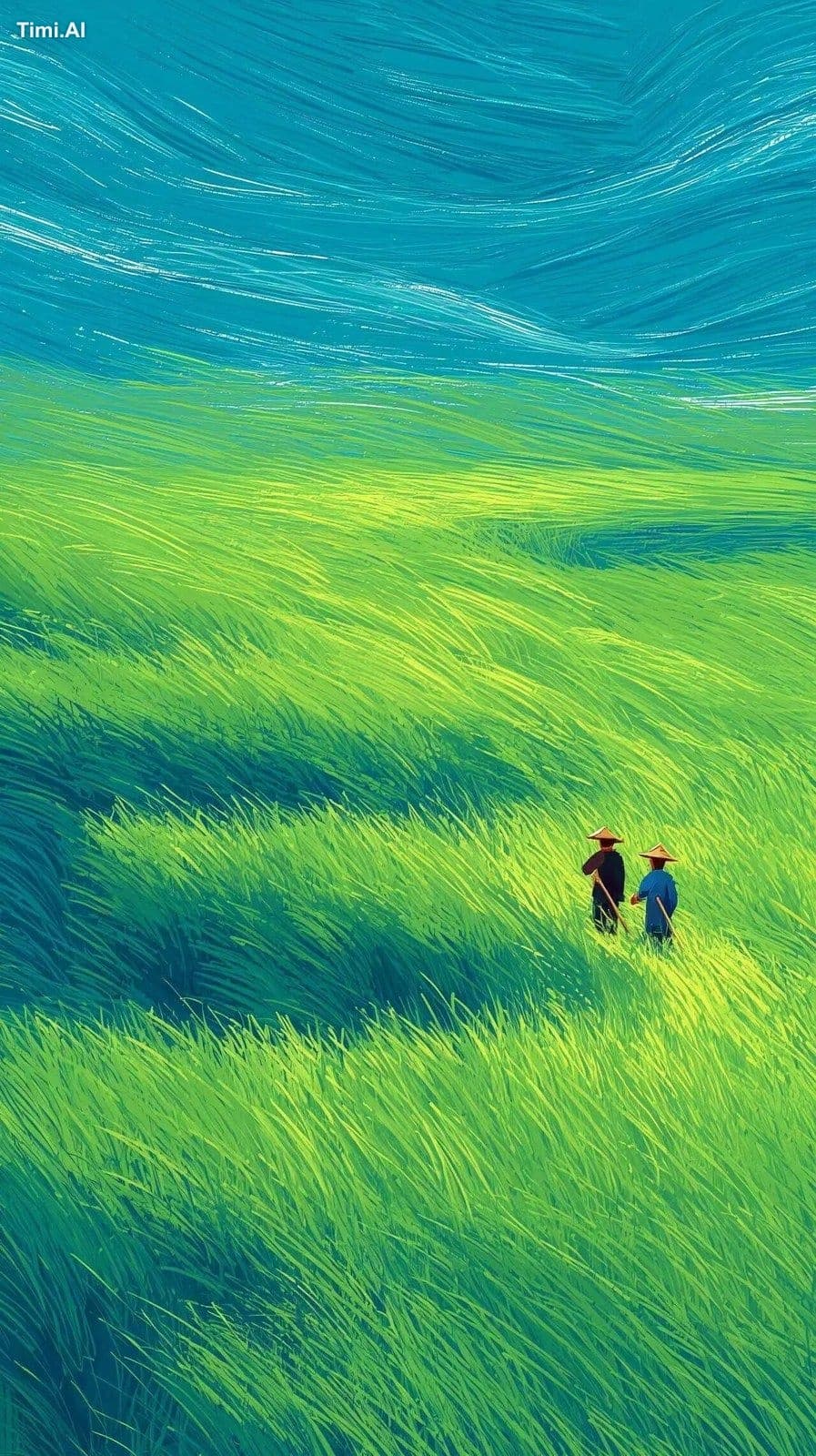 Poster design, top view, two Chinese farmers working in a gr