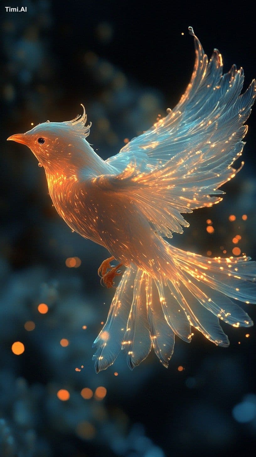 A luminous, weightless bird soaring through the void, its wi