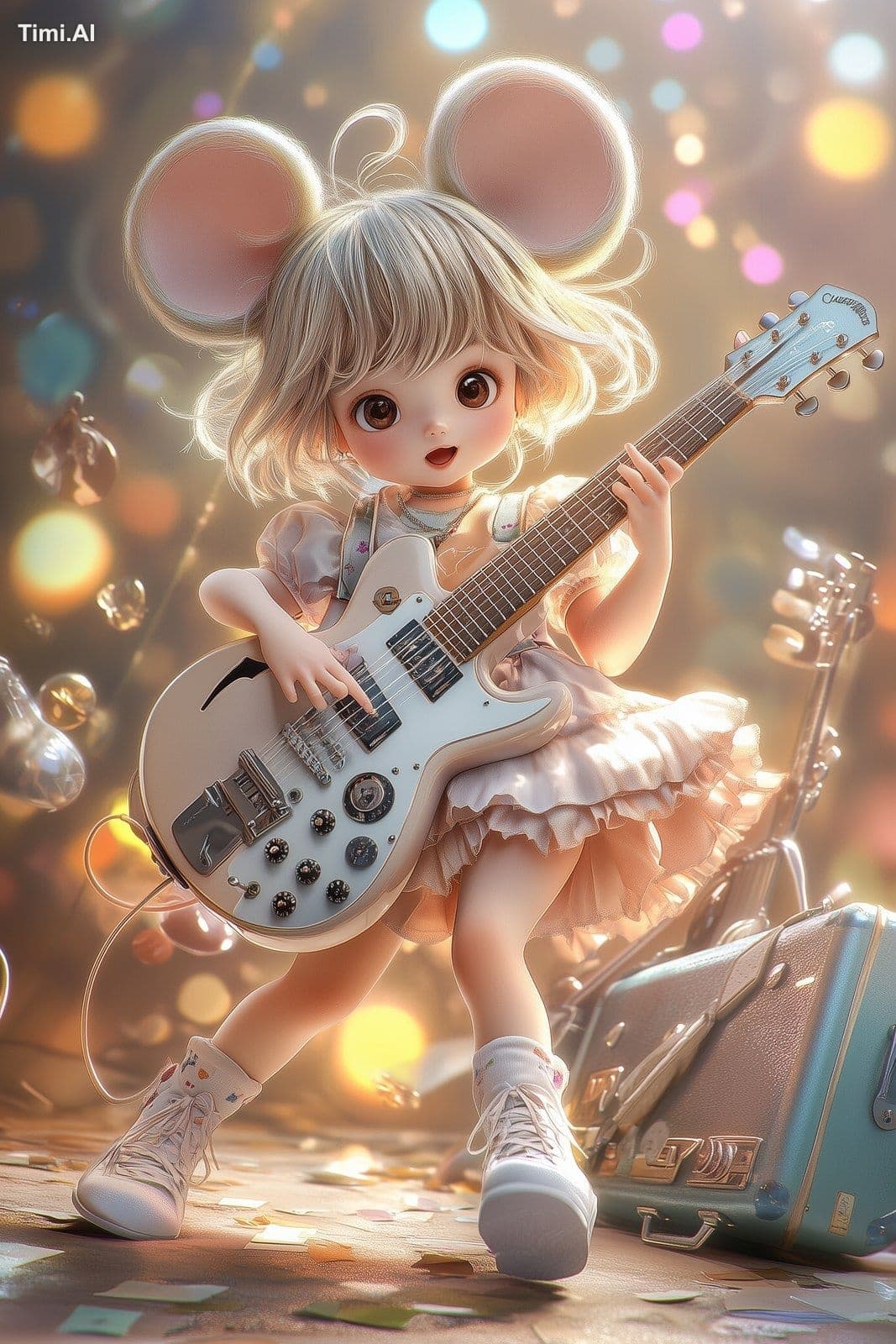 full body of cute girl with mouse ears playing guitar, kawai