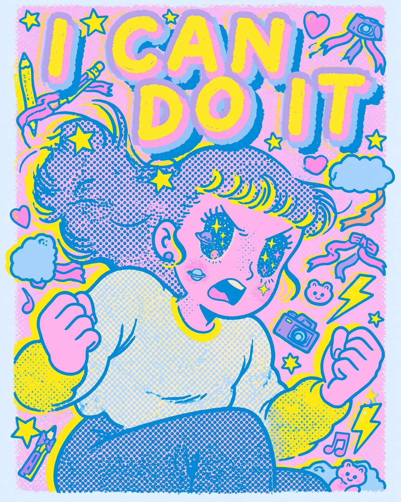 Retro 1980s Japanese pop art comic illustration. Bold halfto