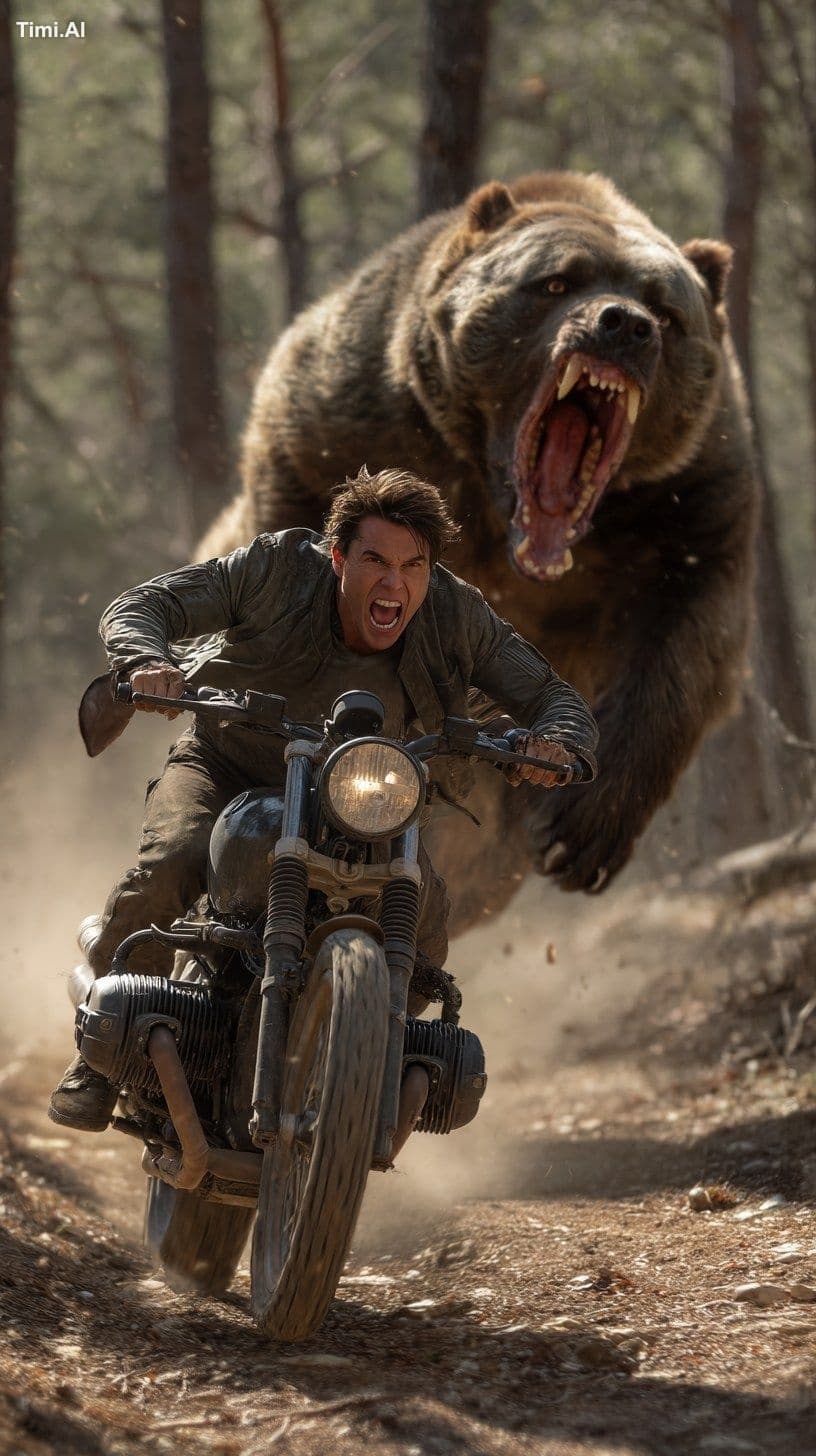 A full-body cinematic image of Tom Cruise, riding an old-sch