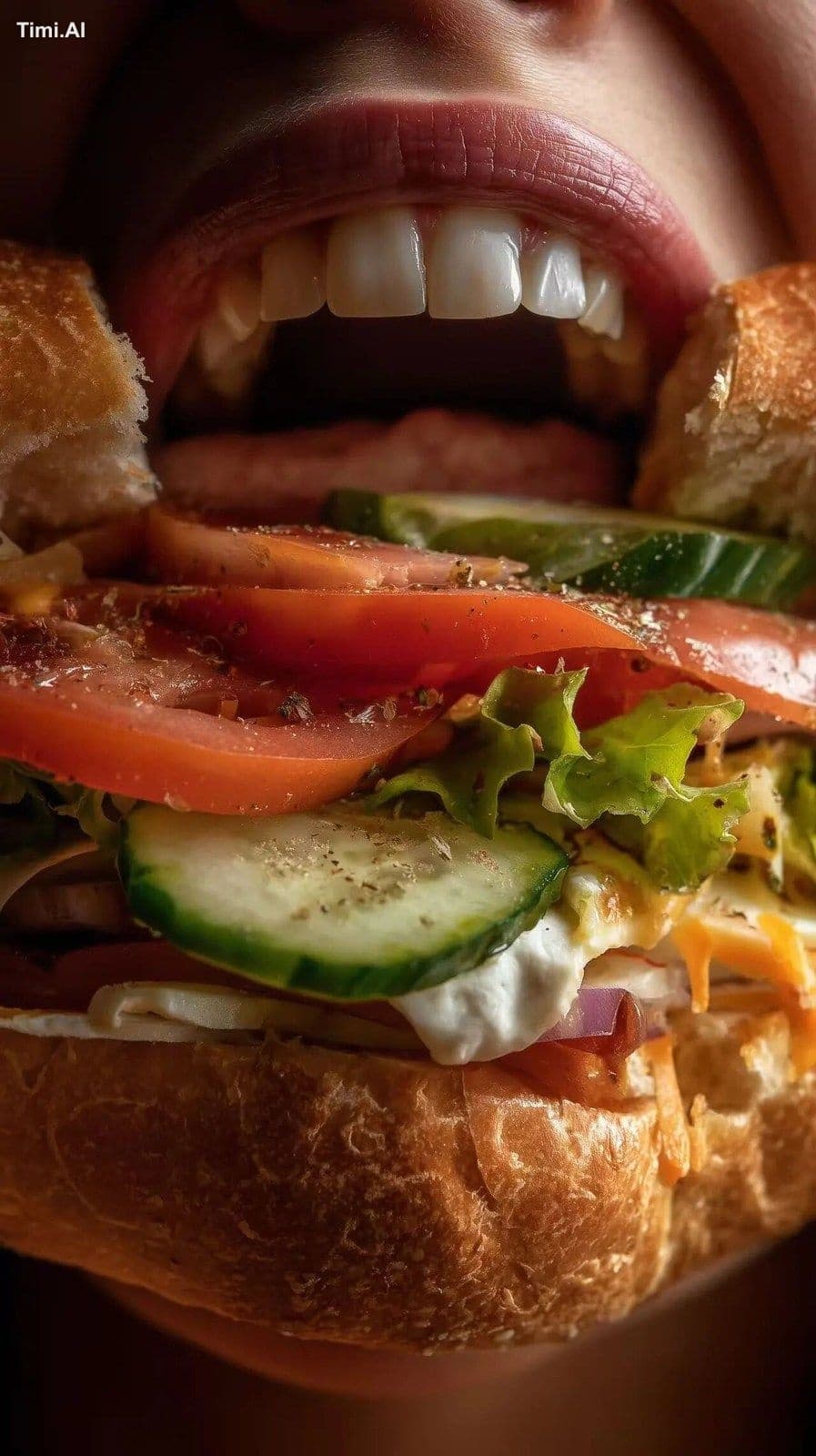extreme close up of someone's mouth biting into a rustic, la