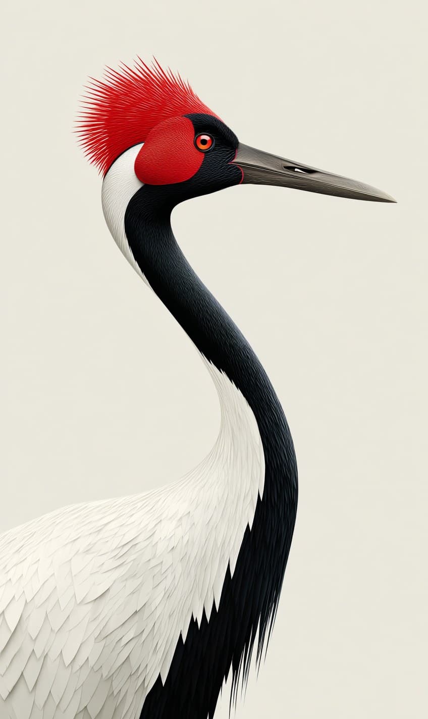 A graceful close-up portrait of a red-crowned crane, upper b