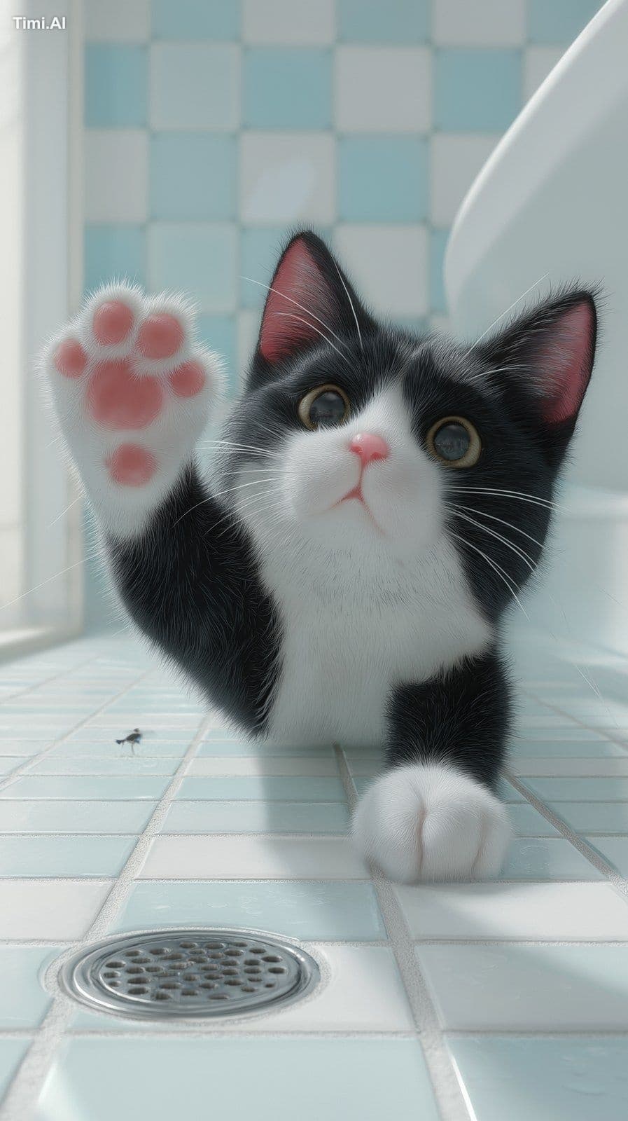 A photorealistic, ultra-detailed full-body tuxedo cat in a c
