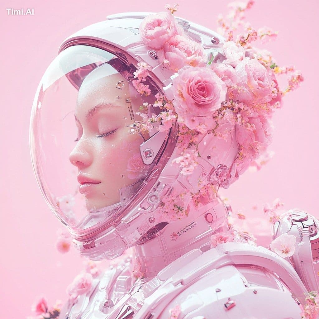 A futuristic female astronaut with a sleek, pastel pink spac
