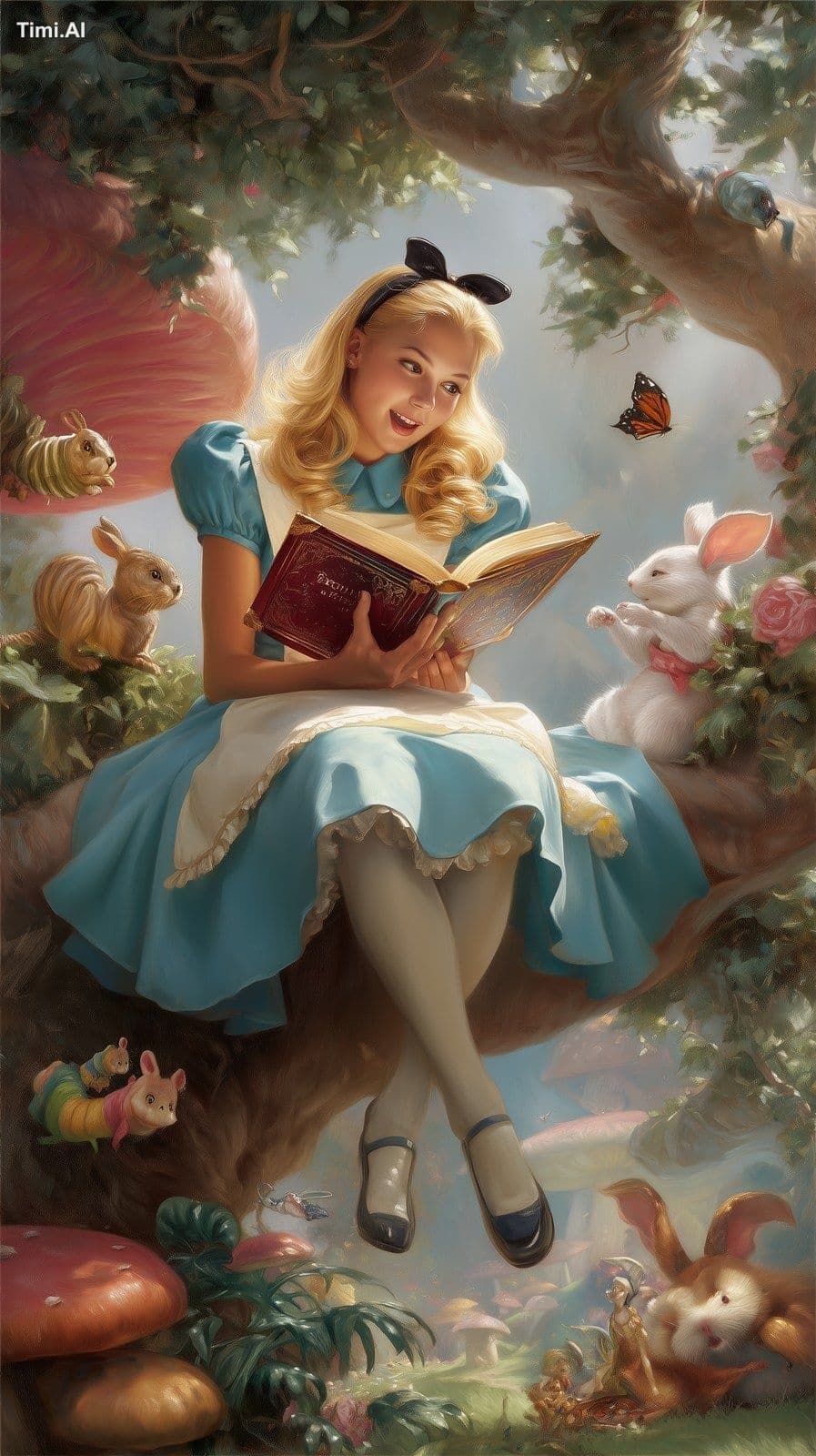 smiling alice in wonderland reading a glittering book in won