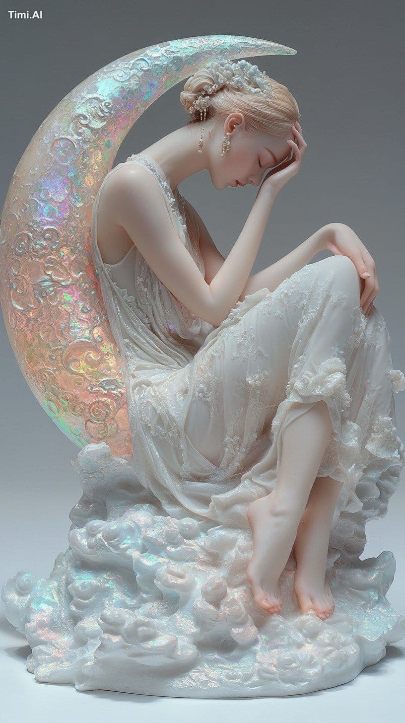 A slender and beautiful Chinese woman sleeps on a huge cresc